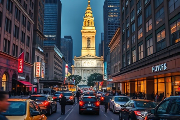 bustling chapel downtown, urban vibrancy, lively interactions, photorealistic, skyscrapers in the backdrop, highly detailed, cars and pedestrians, tilt-shift lens, neon lights, night-time glow, shot with a Fujifilm GFX 100S