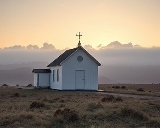 solitary chapel, quiet presence, bathed in morning dew, photorealistic, situated on a rolling hill, highly detailed, clouds parting, wide-angle 18mm lens, pastel pinks and yellows, sunrise illumination, shot with a Leica Q2