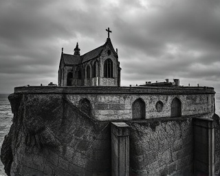 gothic chapel, eerie allure, casting shadows, photorealistic, perched on a cliffside, highly detailed, waves crashing, fisheye 8mm lens, grayscale, stormy weather, shot with a Canon EOS 5D Mark IV