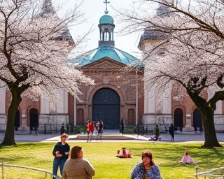 historic chapel park, nostalgic air, families picnicking, photorealistic, cherry blossom trees around, highly detailed, children playing, standard 50mm lens, pastel pink, afternoon sun, shot with a Nikon Z6 II
