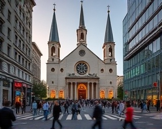 modern chapel downtown, contemporary design, bustling atmosphere, photorealistic, surrounded by busy streets, highly detailed, people commuting, 35mm lens, vivid colors, twilight glow, shot with a Olympus OM-D E-M1 Mark III