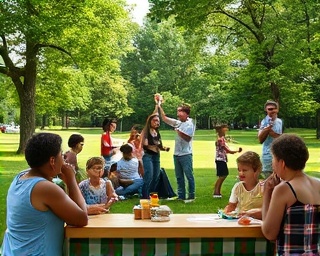 welcoming TriangleLifeNC community, friendly, gathering for a neighborhood picnic, photorealistic, lush green park with children playing and adults conversing, highly detailed, people sharing food and laughter, warm tones, soft afternoon light, shot with a 50mm lens