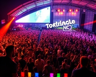 dynamic TriangleLifeNC events, energetic, performing a local music concert, photorealistic, open-air venue with a large crowd and stage lights, highly detailed, people dancing and enjoying music, vibrant colors, bright stage lighting, shot with an 85mm lens