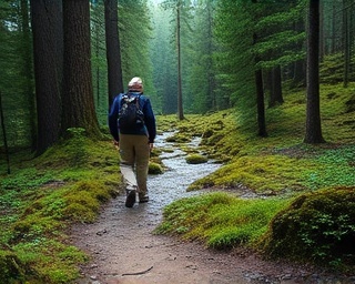 breathtaking TriangleLifeNC scenery, serene, exploring a tranquil hiking trail, photorealistic, expansive forest with rich vegetation and a clear stream, highly detailed, hikers capturing the views, deep greens and blues, natural lighting, shot with a wide-angle lens