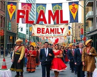 rich TriangleLifeNC culture, celebratory, showcasing a traditional festival parade, photorealistic, city streets decorated with banners and cultural symbols, highly detailed, diverse participants in traditional attire, bold colors, diffused lighting, shot with a 24mm lens