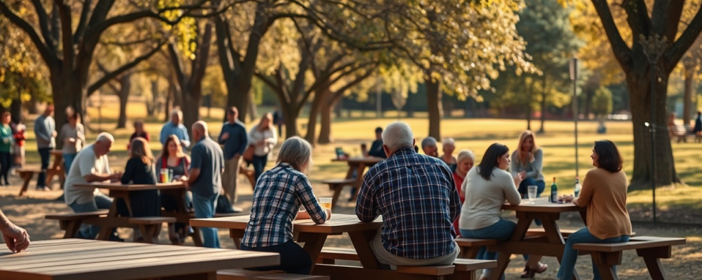 TriangleLifeNC community, engaging, gathering, photorealistic, cozy park environment with picnic tables and trees, highly detailed, families enjoying activities, crisp imagery, warm and earthy tones, natural sunlight, shot with a 50mm prime lens.