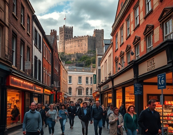vibrant Durham cityscape, bustling expression, depicting a busy street market, photorealistic, iconic Durham Castle silhouetted against the sky, highly detailed, people in motion, crisp depth of field, vivid colors, dynamic street lights, shot with a 50mm lens.