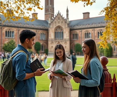 prestigious Durham University, scholarly expression, students engaging on campus, photorealistic, classic Gothic architecture and manicured lawns in the background, highly detailed, autumn leaves swirling, crystal clear focus, calming pastels, soft morning light, shot with an 85mm portrait lens.