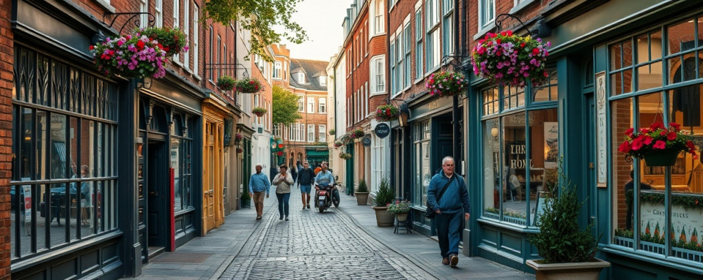 idyllic Durham streets, inviting expression, exploring cobblestone pathways, photorealistic, colorful shopfronts and hanging flower baskets, highly detailed, pedestrians strolling, precise contrast, lively yet vintage, ambient evening glow, shot with a 50mm lens.