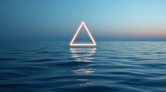 ethereal Living triangle, floating serenely, glimmering faintly, photorealistic, above a calm ocean with gentle waves, highly detailed, reflections dancing across the surface, immaculate detail, translucent blue, soft twilight glow, shot with an 85mm f/1.2 lens.