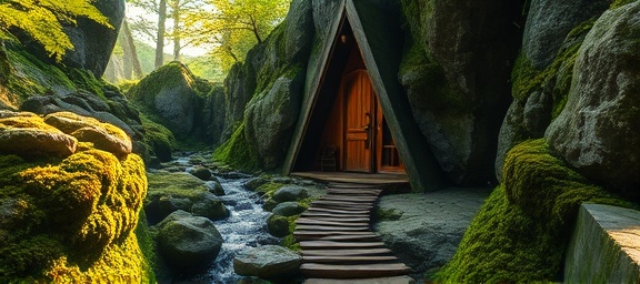 mystical Triangle home, nestled amongst rocks, enveloping warmth, photorealistic, a hidden glen with moss and streams, highly detailed, water trickling through, impeccable texture, mossy green, dappled sunbeams, shot with a 35mm lens.