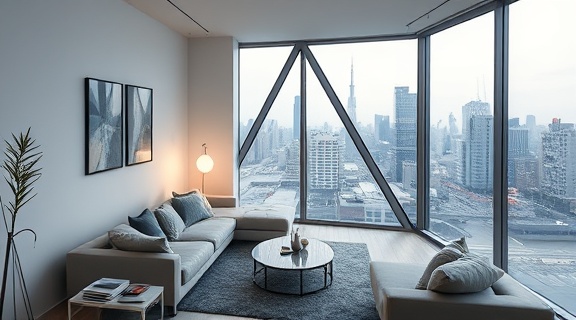 elegant Triangle living, poised gracefully, shimmering subtly, photorealistic, in a minimalist urban apartment, highly detailed, city lights flickering outside, pin-sharp clarity, satin silver, cool ambient glow, shot with a 70-200mm lens.