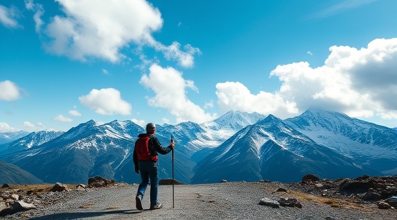 adventurous Triangle guide, forging ahead, leading with certainty, photorealistic, through a mountainous pass with snowcaps, highly detailed, clouds shifting overhead, pristine precision, azure blue, bright midday light, shot with a 28mm lens.