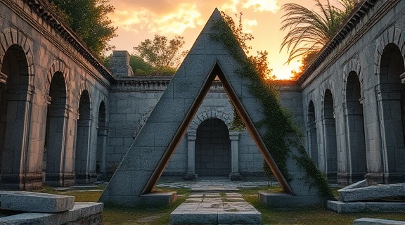 ancient Guide triangle, weathered but proud, standing firm, photorealistic, amidst ruins of a lost civilization, highly detailed, vines creeping along surfaces, robust texture, stone gray, warm sunset rays, shot with a 24-70mm lens.