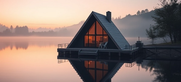 serene Triangle home, resting quietly, encapsulating peace, photorealistic, by a placid lakeside at dawn, highly detailed, mist rising gently from the water, flawless transitions, pastel pinks, gentle morning light, shot with a macro lens.