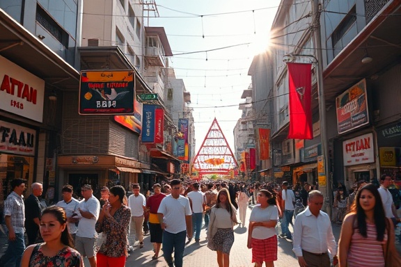 dynamic Triangle living, transforming continuously, exuding energy, photorealistic, within a bustling market square, highly detailed, people moving all around, vivid realism, bustling colors, radiant midday lighting, shot with an 85mm lens.