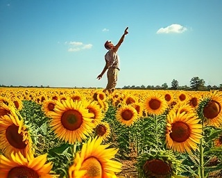 noble Triangle guide, standing tall, pointing skyward, photorealistic, amidst a field of sunflowers, highly detailed, a breeze moving flower heads, captivating crispness, sunflower yellow, bright sunlight, shot with a 24mm lens.