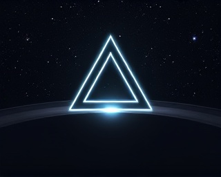 cosmic Guide triangle, looming silently, gazing over the cosmos, photorealistic, above the rings of Saturn, highly detailed, stars illuminating faintly, infinite depth, pitch black and luminous silver, ethereal starlight, shot with a 135mm lens.