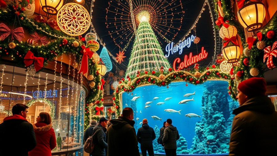 Holiday Magic at Aquarium Aglow: vibrant decorations and guests at nighttime.