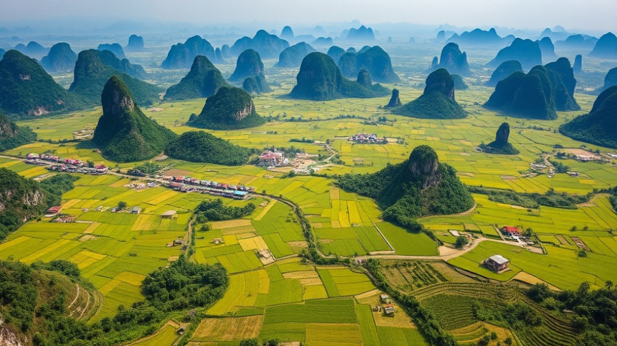 Stunning aerial view of Vietnam's lush landscape with limestone karsts and rice fields.