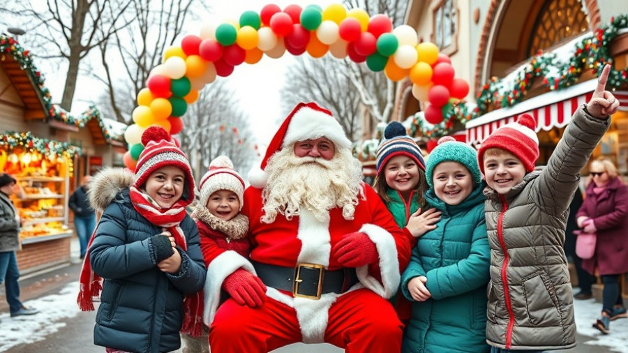 Winterfest Capital Marketplace events: Santa and children posing under festive balloon arch
