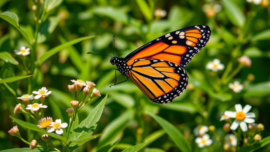 Vibrant monarch butterfly resting on white wildflowers in eco-friendly gardening setting.