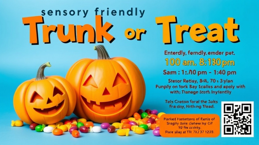Sensory-friendly Trunk or Treat event flyer with pumpkins and candy illustrations.