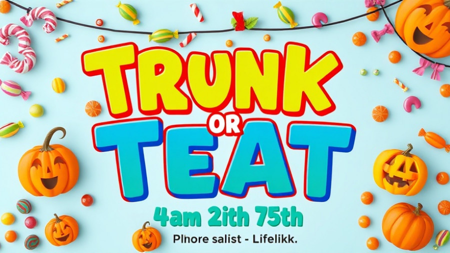 Sensory-friendly trunk or treat event announcement with candy and pumpkin graphics.