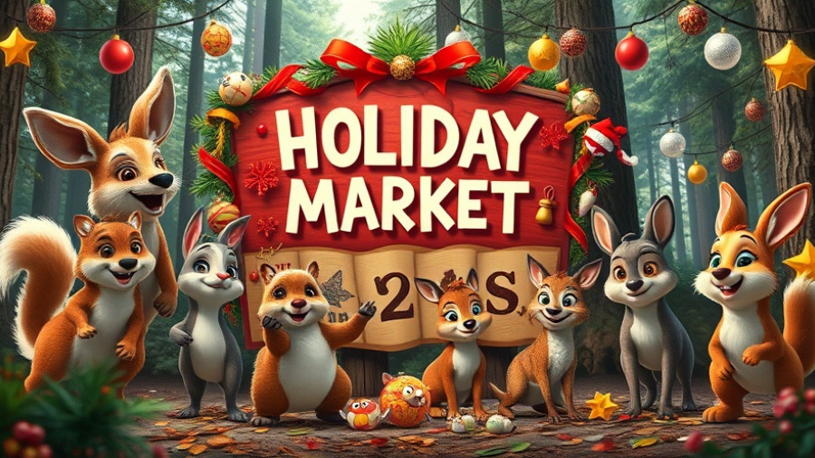 Woodland Critter Holiday Market poster with festive animals.