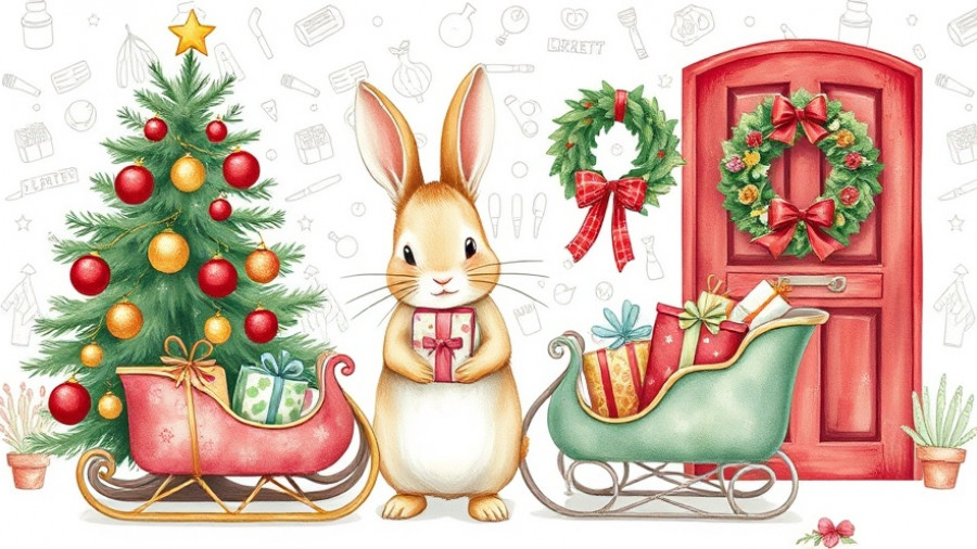 A Peter Rabbit Christmas in Downtown Cary Park festive poster illustration.