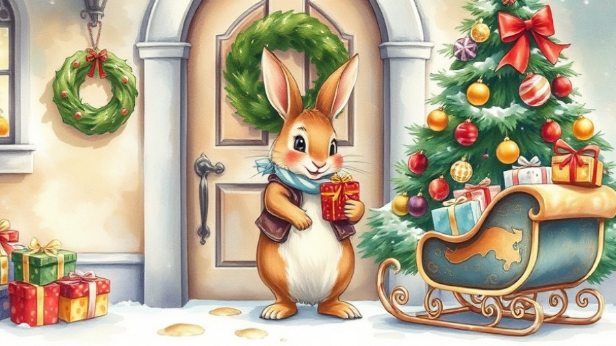A Peter Rabbit Christmas illustration with festive decor.