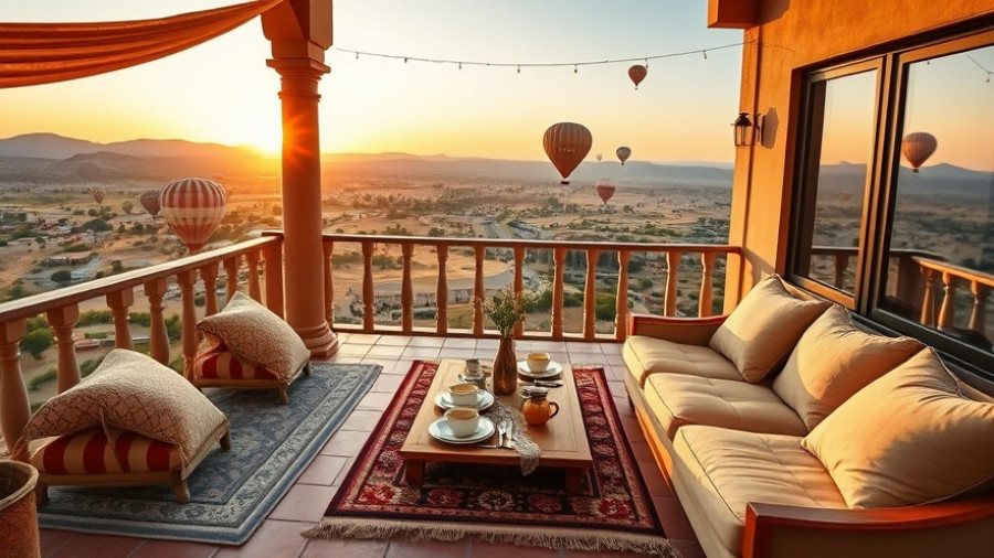 Cozy terrace with view of hot air balloons, sustainable tourism.