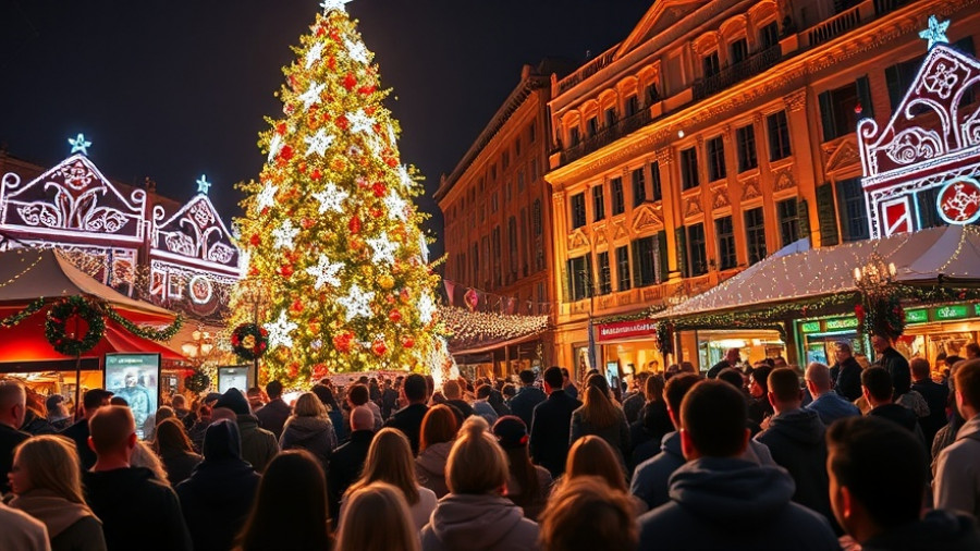 Downtown Raleigh Tree Lighting Celebration with festive crowd.