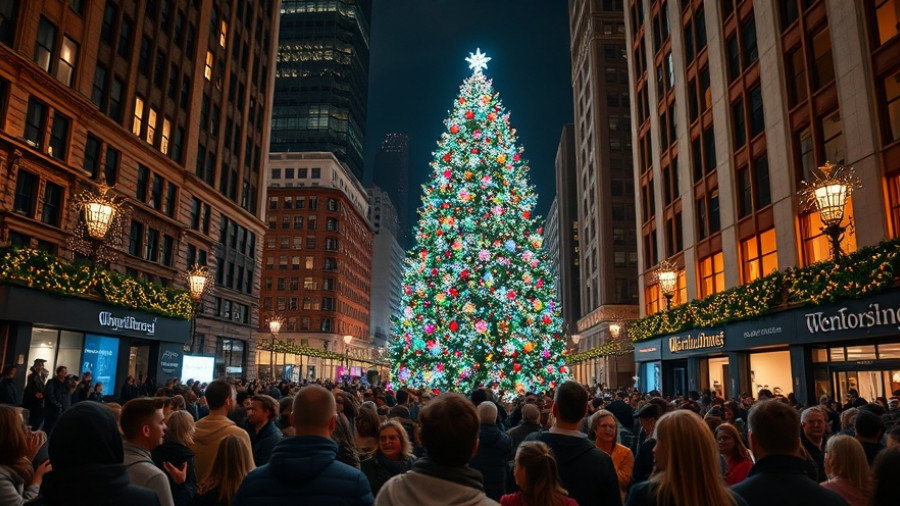 Downtown Raleigh Tree Lighting Celebration at night with big festive crowd.