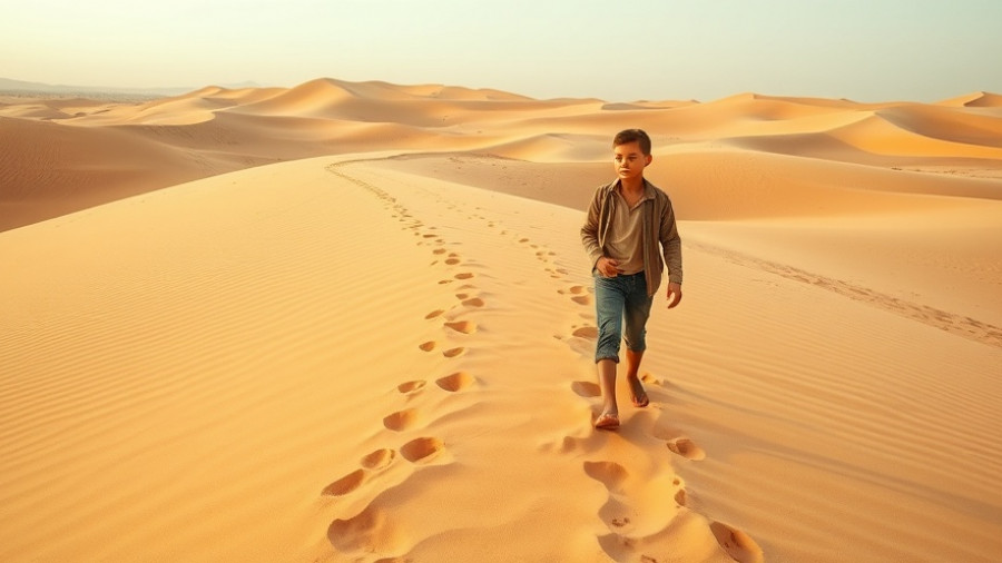 A solitary child walks on desert dunes, leaving a footprint trail.