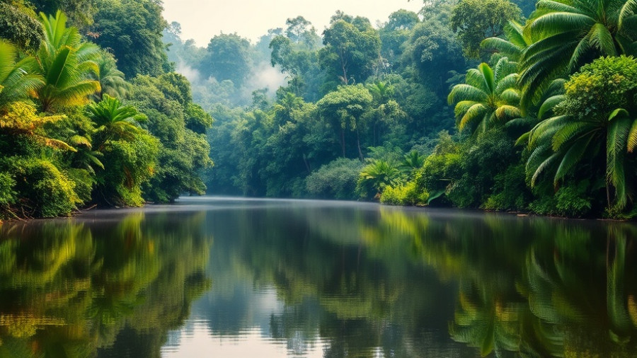Amazon rainforest reflecting in calm river, showcasing climate change impacts.
