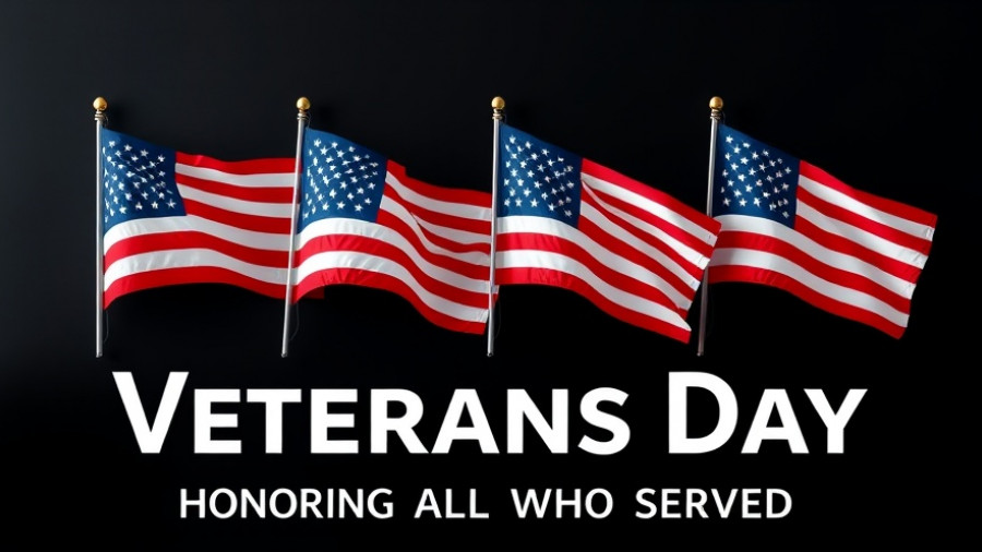 Veterans Day Ceremony Apex with waving U.S. flags and text.