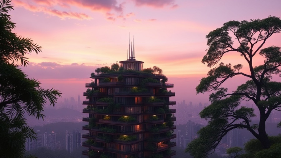 Eco-friendly skyscraper with greenery at sunset, China's climate targets influenced design.