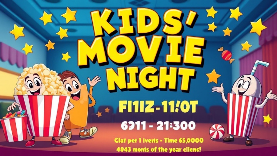 Kids Movie Night Durham poster with cartoon snacks and event details.