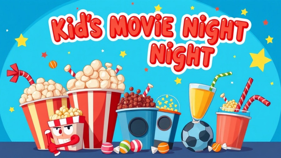 Whimsical poster for Kids Movie Night at Grove Park Chapel with animated treats.