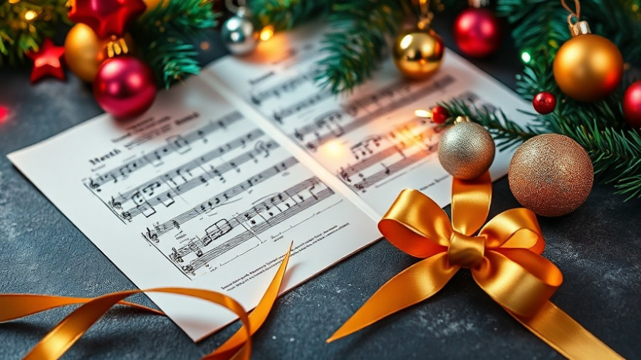 Festive holiday decorations on music sheet, free holiday concerts in the Triangle.