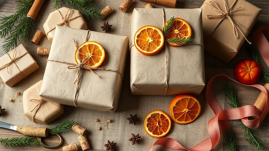 Gifts wrapped in recyclable paper with holiday decor on a table.