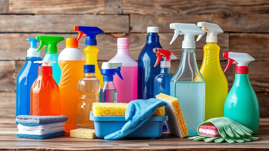 Assorted cleaning products ready to be safely disposed of, on wood.