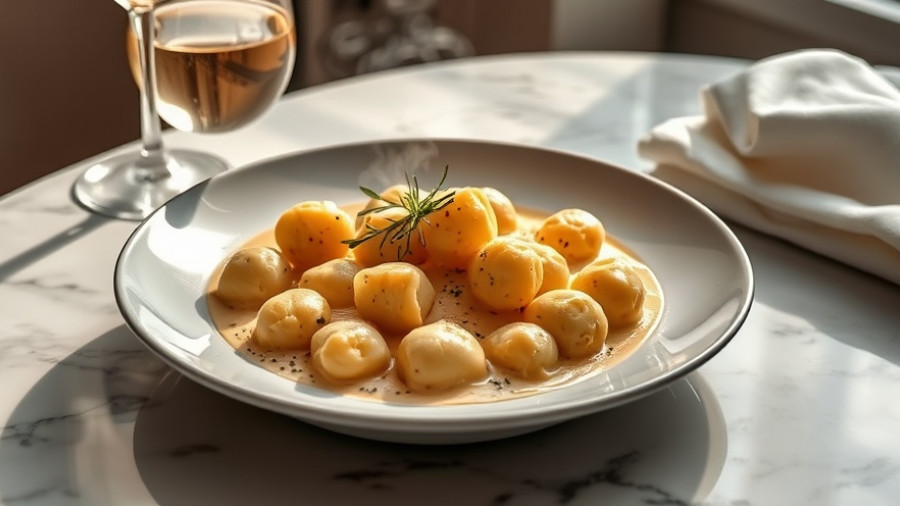 Delicious North Carolina farm-to-table dining gnocchi dish with wine.