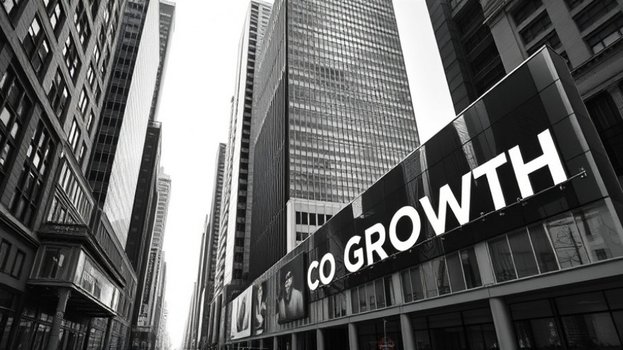 Growth sign among skyscrapers symbolizing smart decisions for small business growth.