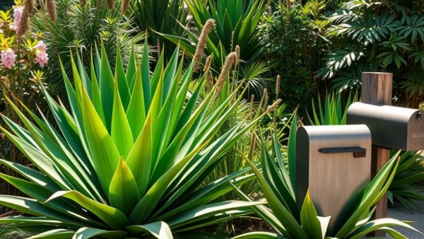 Agave in sustainable garden next to mailbox under sunlight
