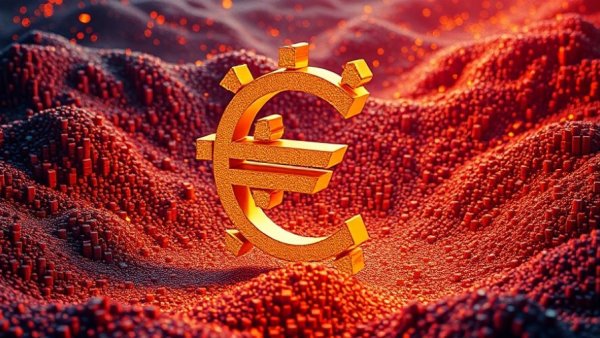 Digital euro symbol emerging from pixel landscape, digital euro impact on private payments.