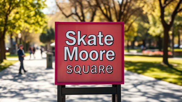 Skate Moore Square promotional sign in a sunny park setting.