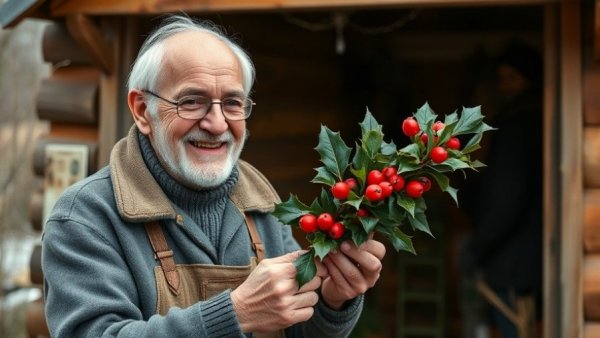 Elderly gardener holding holly, eco-friendly gardening scene.