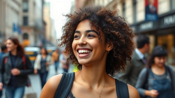 Smiling woman in urban setting, median age of first-time home buyers.